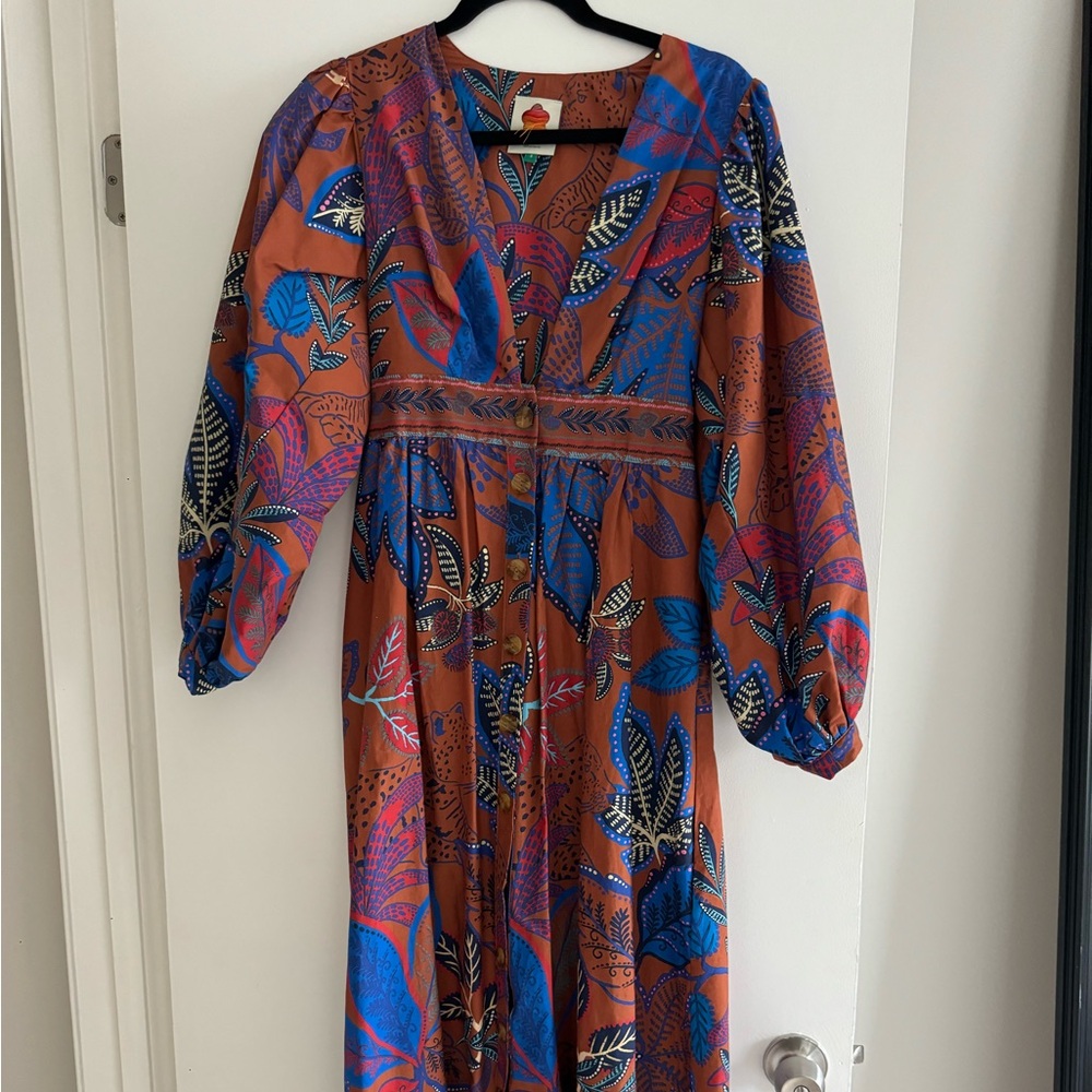 FARM Rio Wild Jungle Brown Multicolor Leaf Print Maxi Dress - Picture 2 of 2